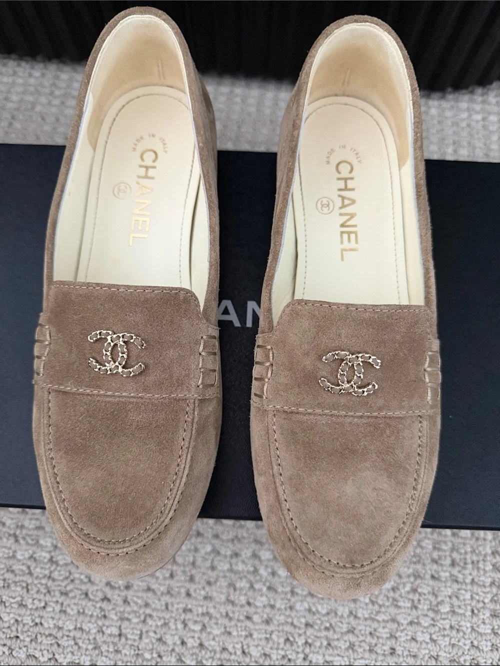 CHANEL Beige Suede CC Logo Loafers